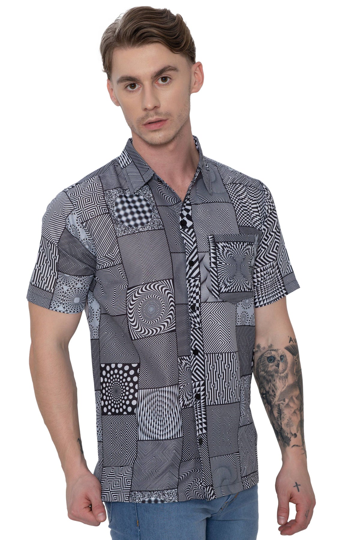 Mens Psy Shirts Black Tropical optical illusion white