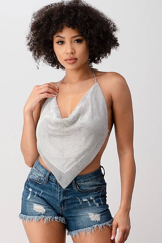 Metallic Rhinestone Backless Cowl Neck Crop Top
