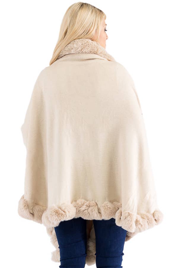 Ruffle Twisted Bubble Teddy Faux Fur Lined Open Ruana Poncho