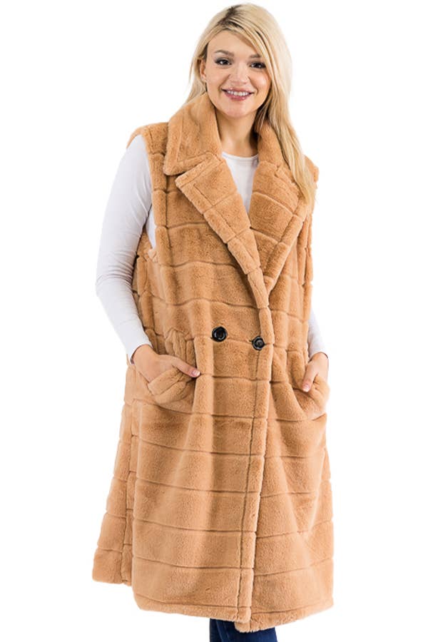 Quilted Fluffy Faux Fur Pocketed Midi-Length Vest