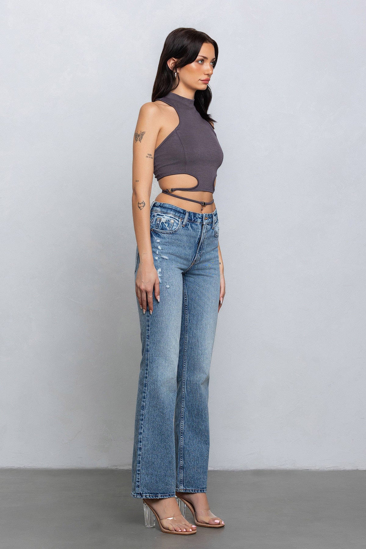 Crop jersey cut out tank top w/ clasp tie detail