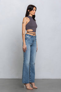 Crop jersey cut out tank top w/ clasp tie detail