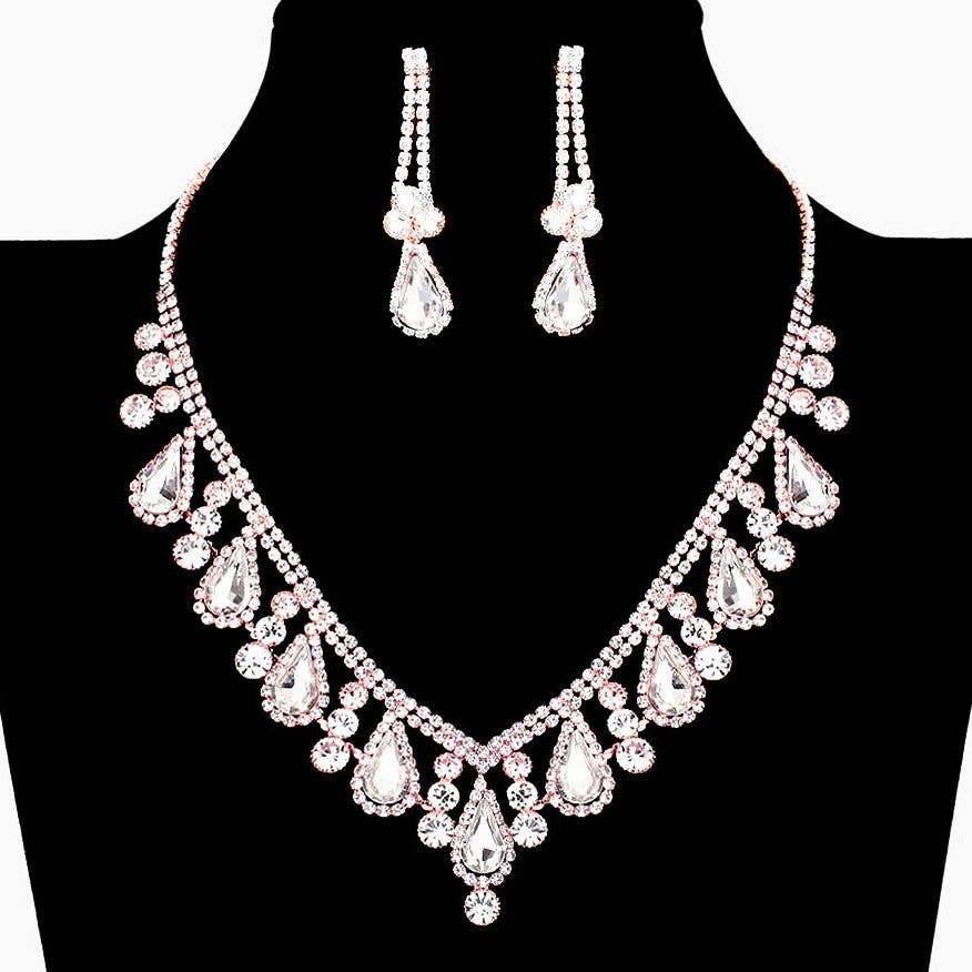 V Shape Elegant Rhinestone Necklace Set Clipon Earrings
