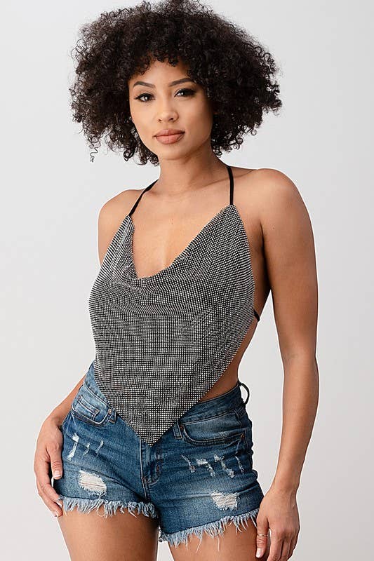 Metallic Rhinestone Backless Cowl Neck Crop Top