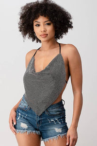 Metallic Rhinestone Backless Cowl Neck Crop Top