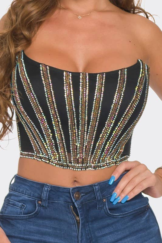 Multi Colored Rhinestone Strapless Tube Top