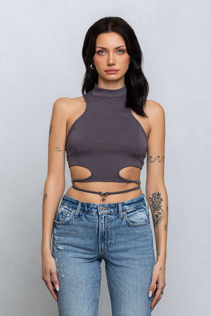 Crop jersey cut out tank top w/ clasp tie detail