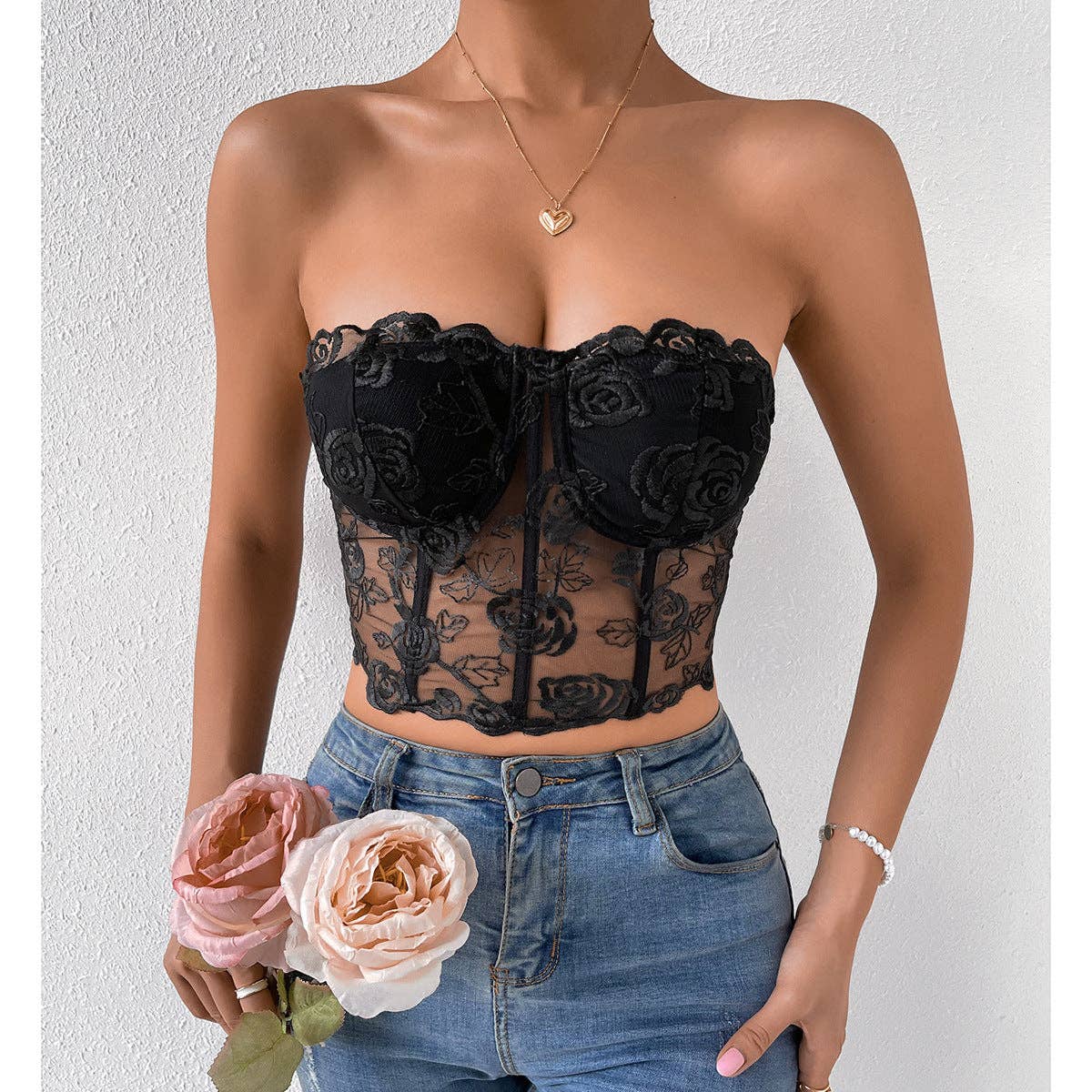 Rose Lace Strapless Bustier