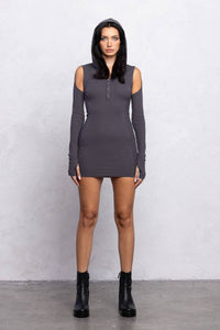 Ribbed hoodie mini dress w/ cut out details