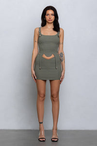 Buckle strap detail stretchy woven top or skirt