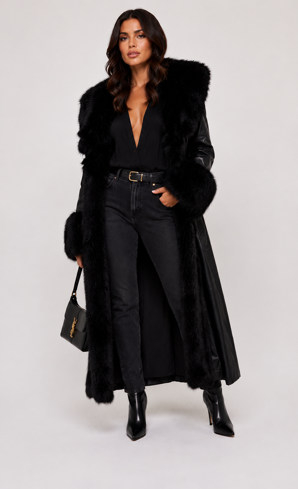 Long Faux Leather & Fur Trim Coat