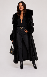 Long Faux Leather & Fur Trim Coat