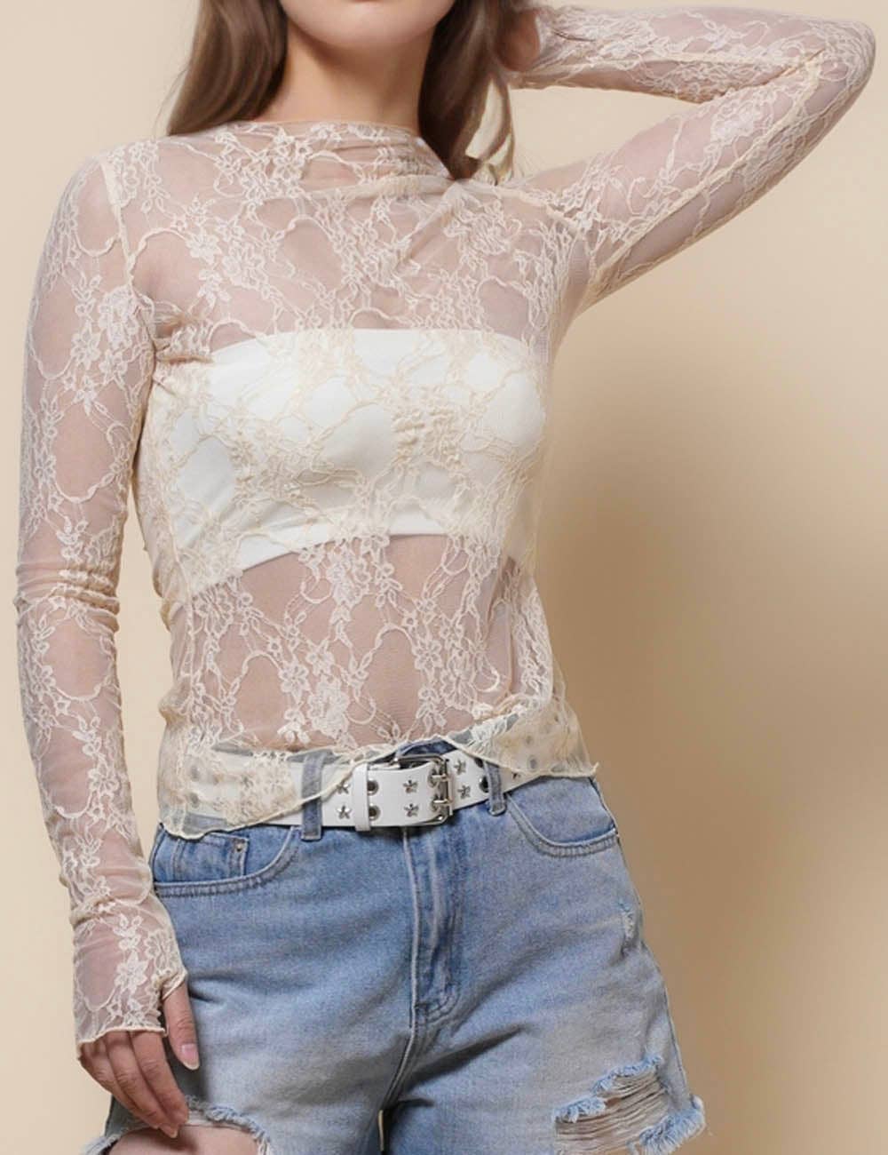Turtle Neck Sheer Lace Top