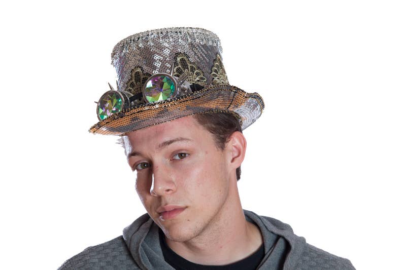 Silver Sequin Top Hat with Goggles