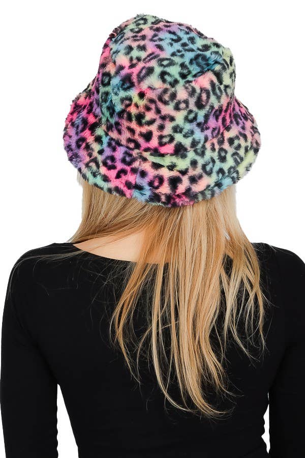 Tie Dye Leopard Patterned Faux Fur Bucket Hat