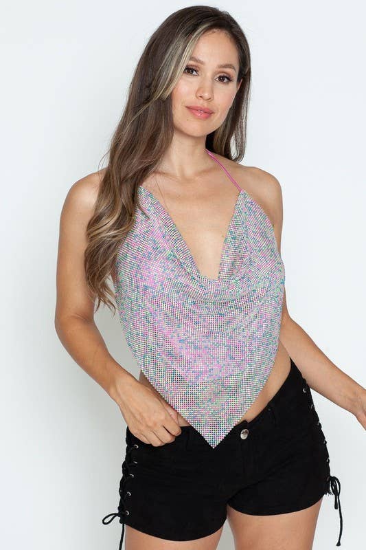Dazzling Rhinestones Halter Crop Top