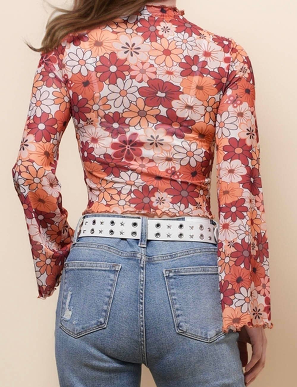 Ladies Print Flare Sleeves Mesh Top
