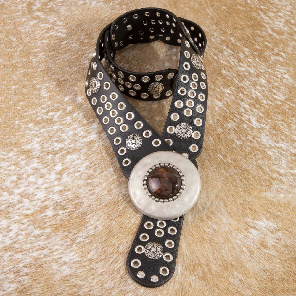 Hammered Circle Buckle Studded Vegan Leather Belt