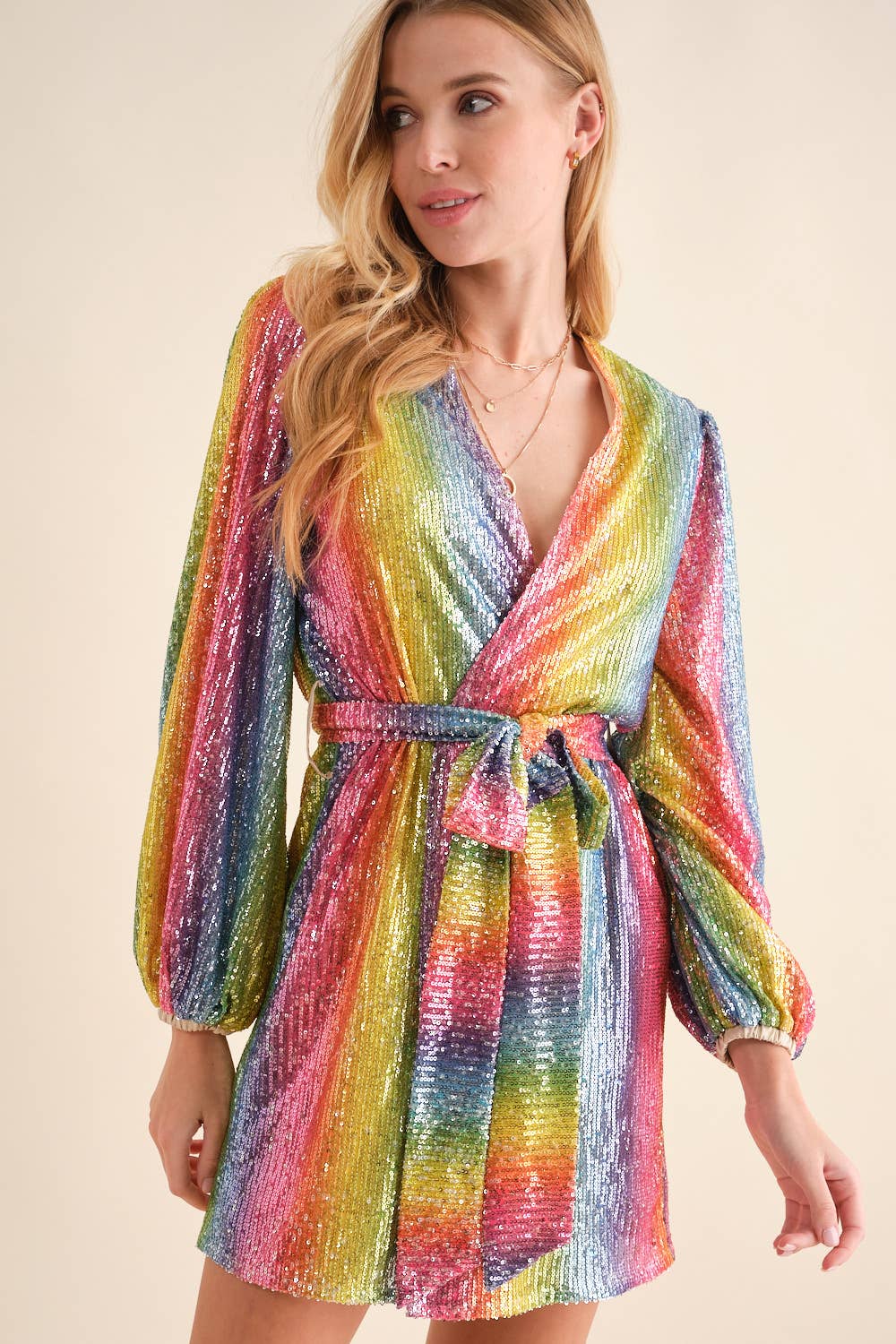 Rainbow Sequin Wrap Tie Glamour Dress