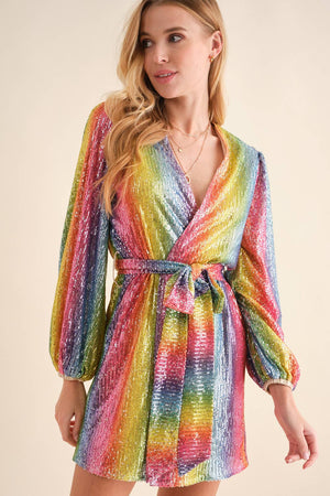 Rainbow Sequin Wrap Tie Glamour Dress