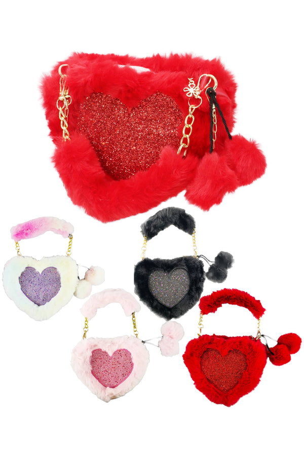 Heart Glitter Faux Fur Crossbody Shoulder Bag
