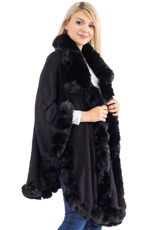 Ruffle Twisted Bubble Teddy Faux Fur Lined Open Ruana Poncho