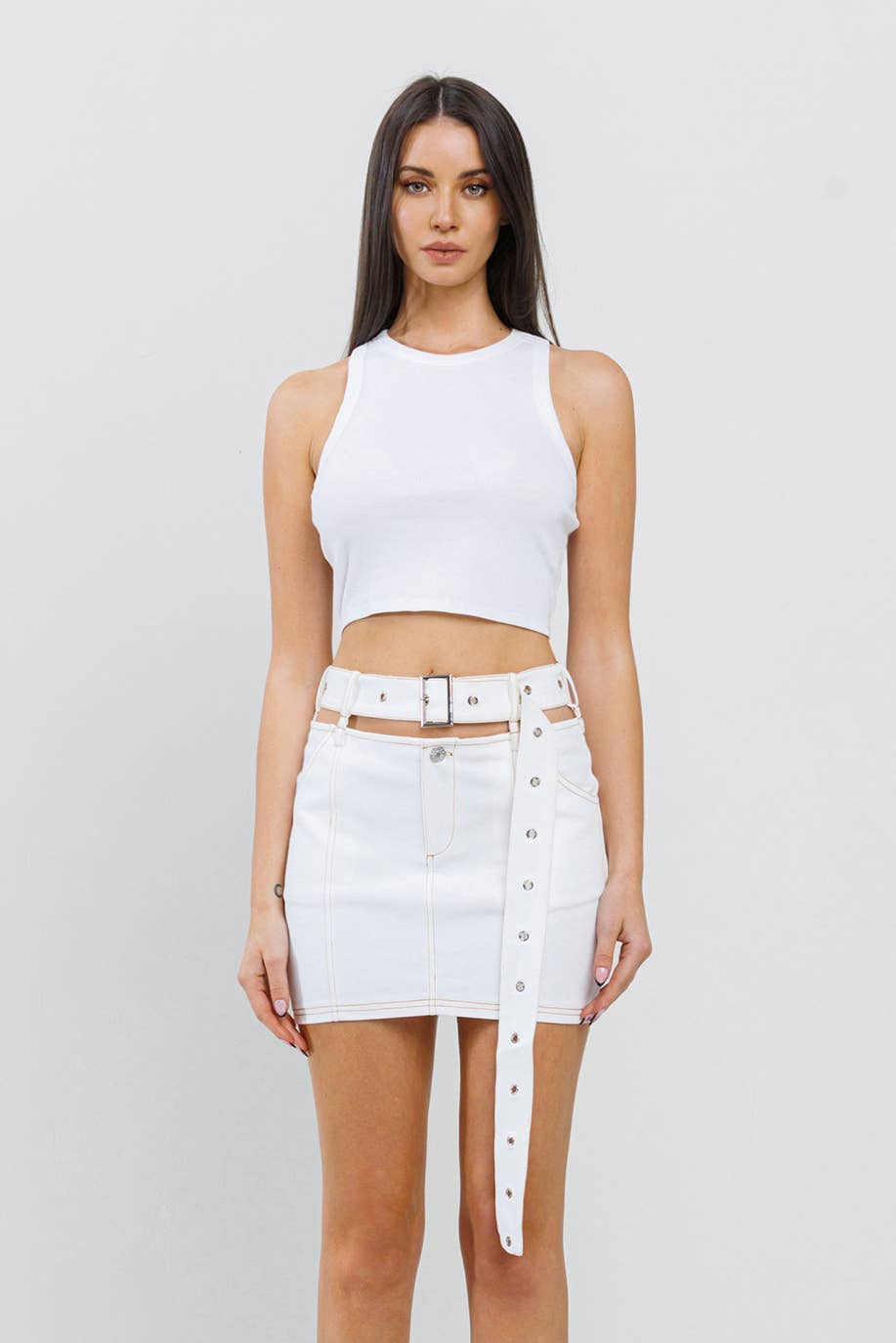 Cutout featured stitch detail belted skirt