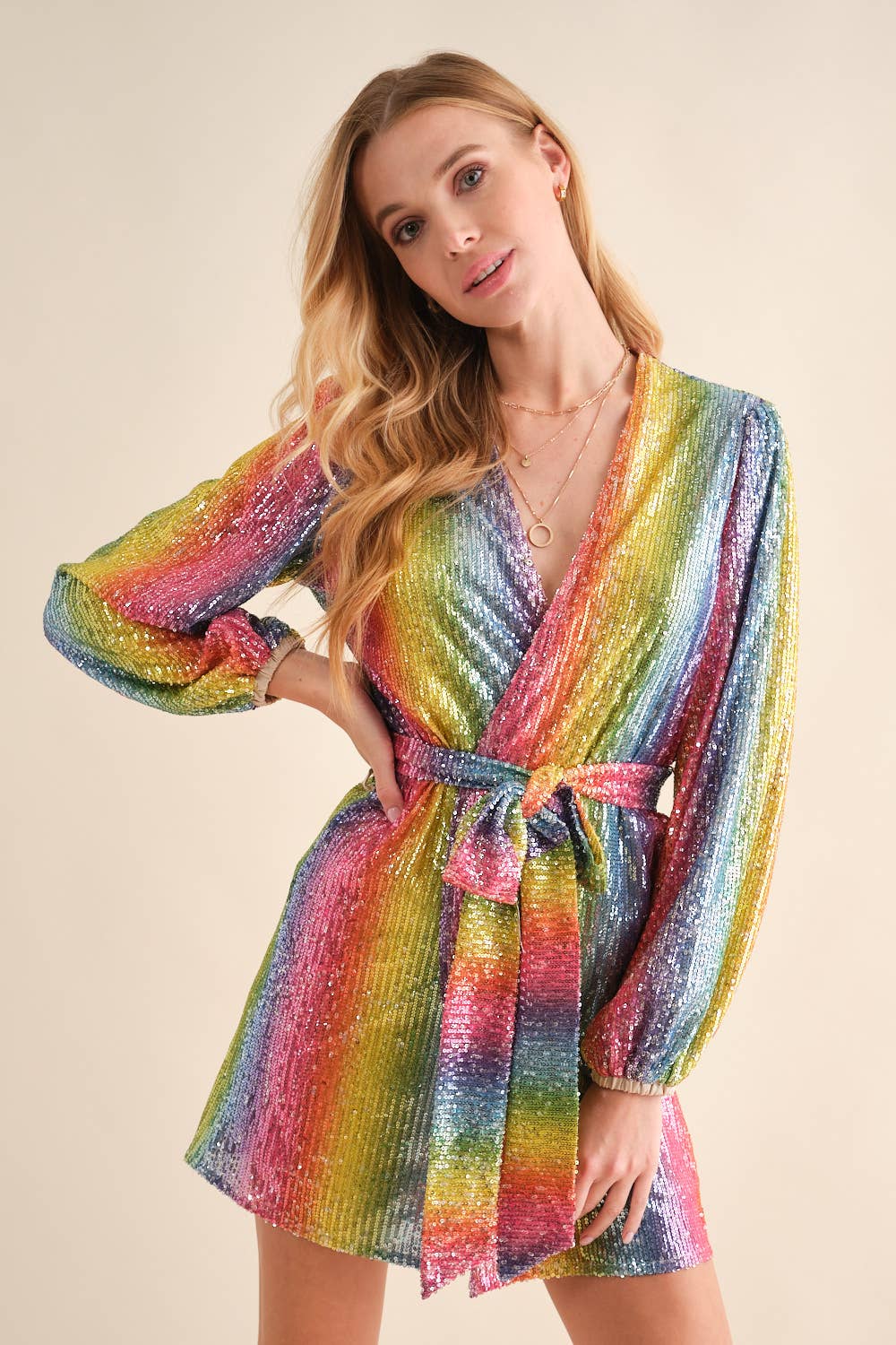Rainbow Sequin Wrap Tie Glamour Dress
