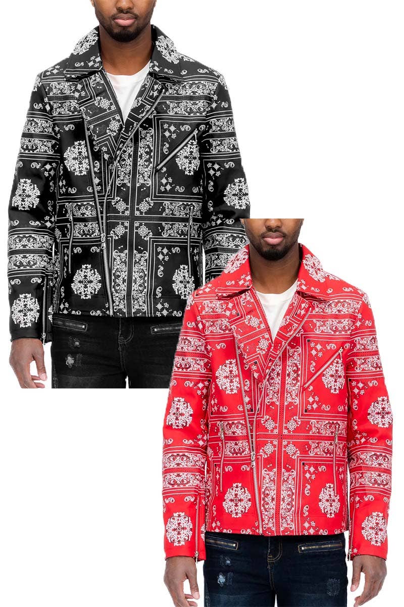 BLACK BANDANA PRINT MOTO LEATHER JACKET
