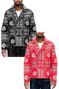 BLACK BANDANA PRINT MOTO LEATHER JACKET