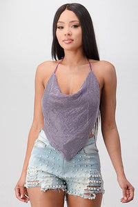 Metallic Rhinestone Backless Cowl Neck Crop Top