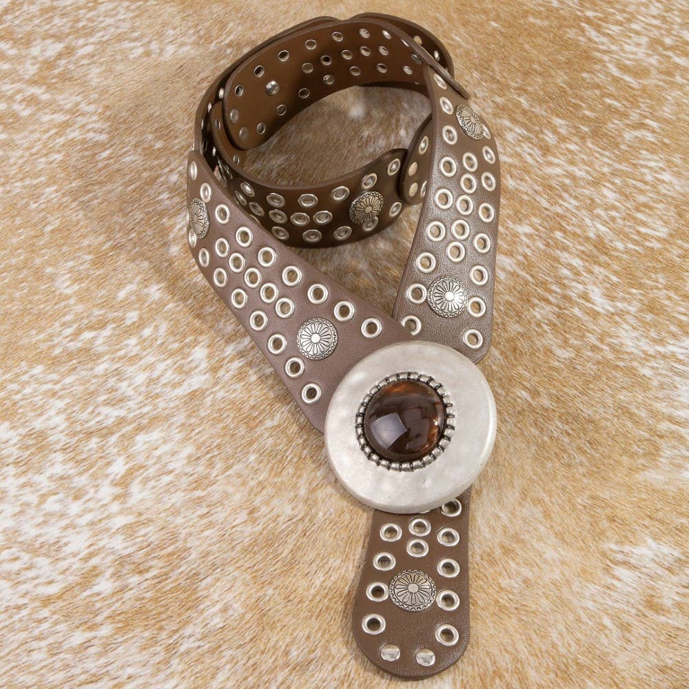 Hammered Circle Buckle Studded Vegan Leather Belt