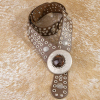 Hammered Circle Buckle Studded Vegan Leather Belt