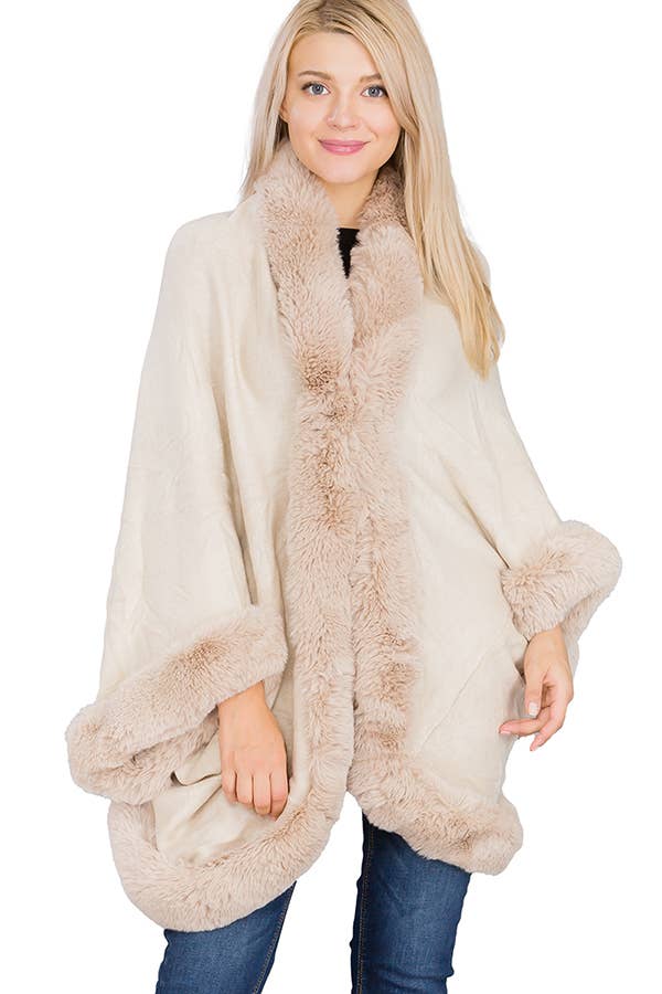 Luxury Faux Fur Lined Single Layered Shawl Poncho