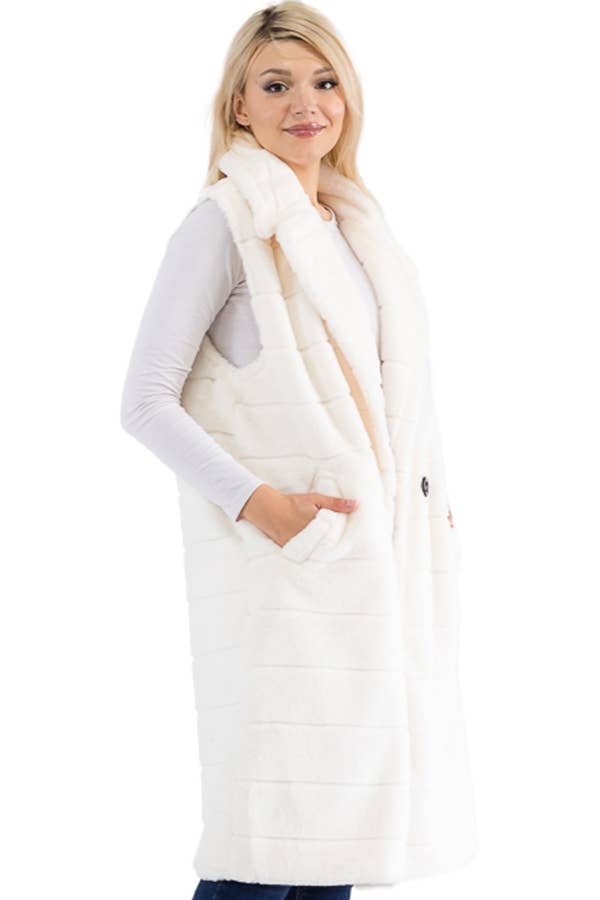 Quilted Fluffy Faux Fur Pocketed Midi-Length Vest