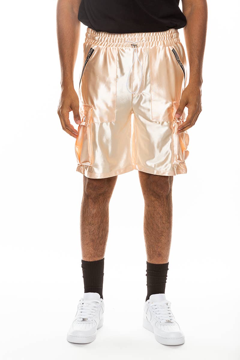 Mens Satin Cargo Utility Shorts with Snap Button Pockets