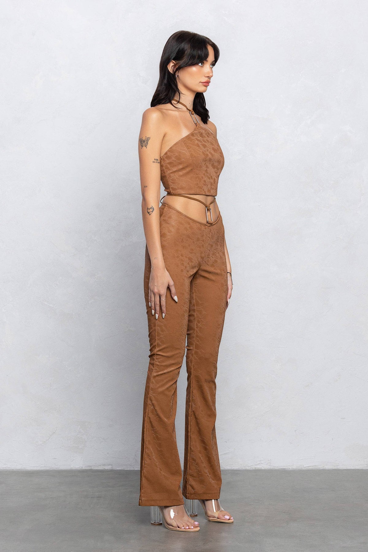 Faux leather square buckle top & flare pants