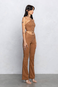 Faux leather square buckle top & flare pants
