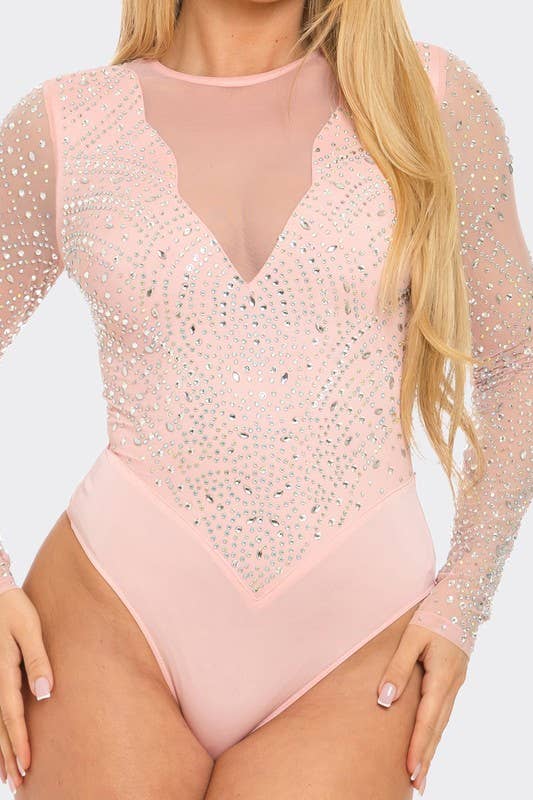 Rhinestone Mesh Long Sleeve Bodysuit
