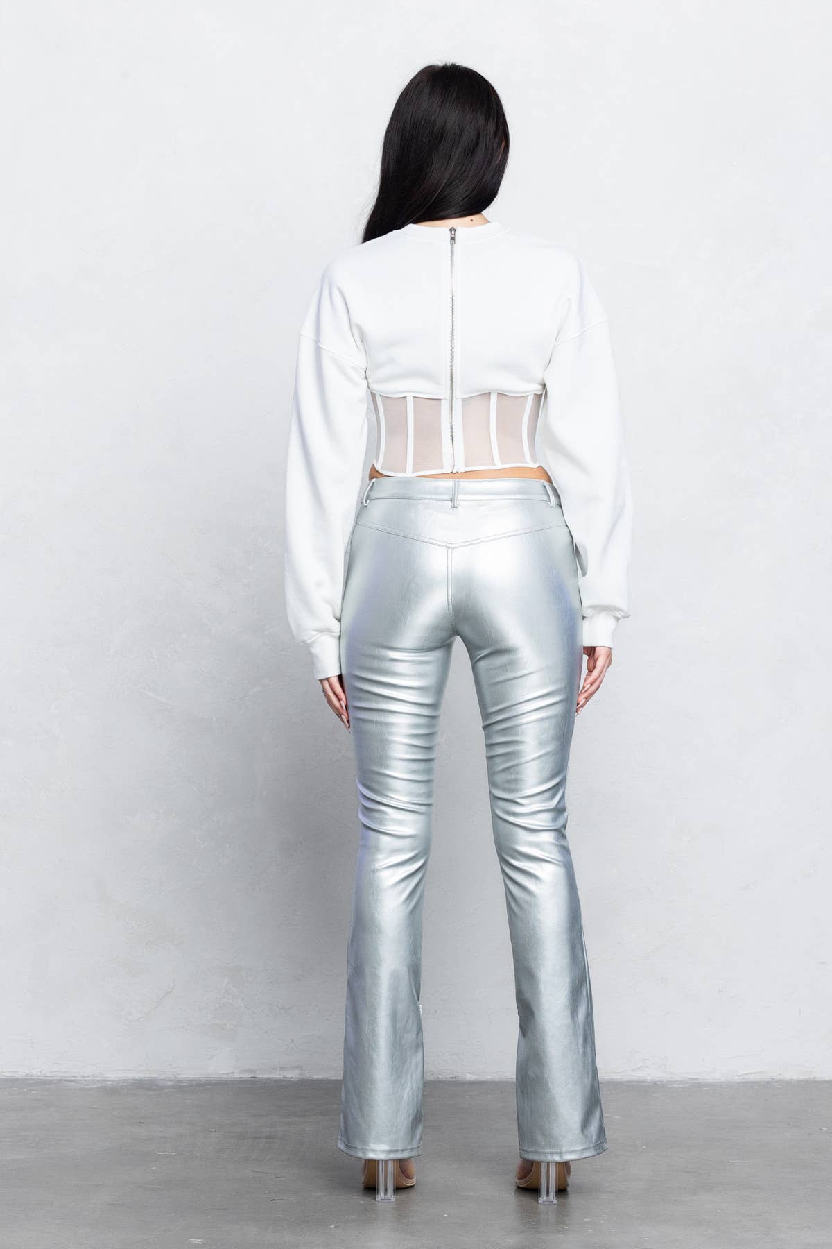 V-cut Faux leather boot-cut pants