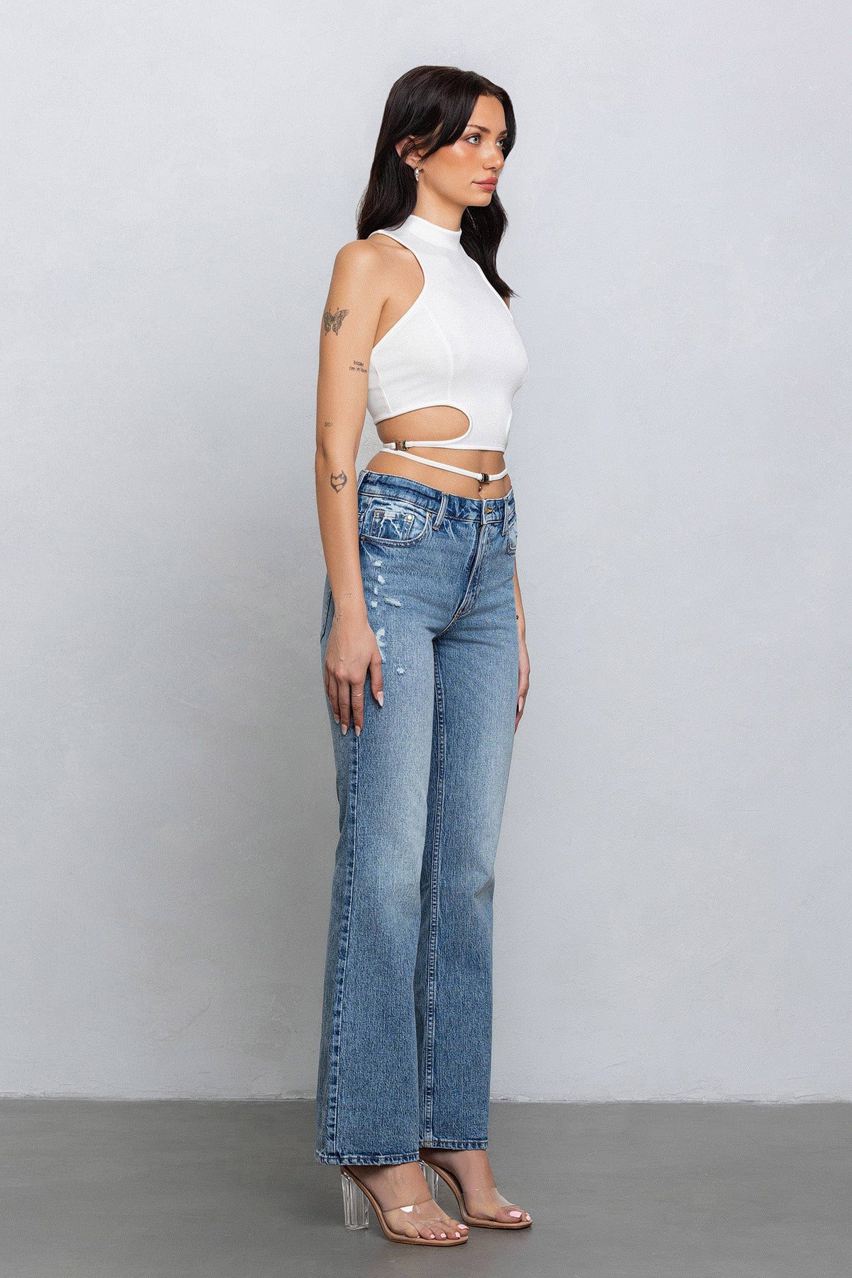 Crop jersey cut out tank top w/ clasp tie detail