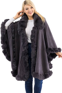 Ruffle Twisted Bubble Teddy Faux Fur Lined Open Ruana Poncho
