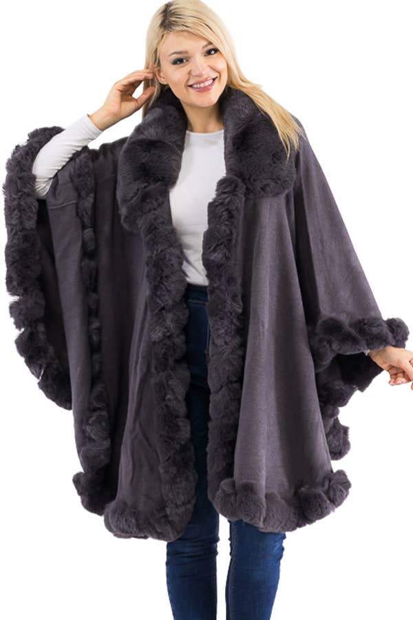 Ruffle Twisted Bubble Teddy Faux Fur Lined Open Ruana Poncho