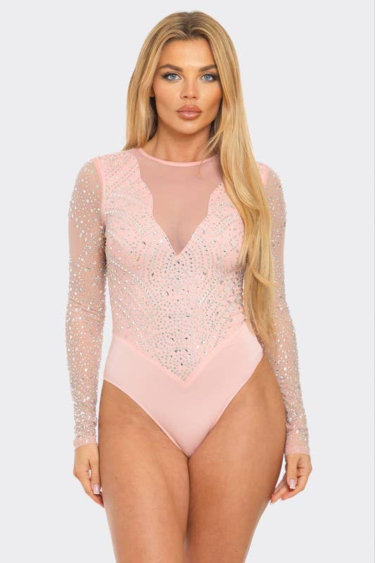 Rhinestone Mesh Long Sleeve Bodysuit