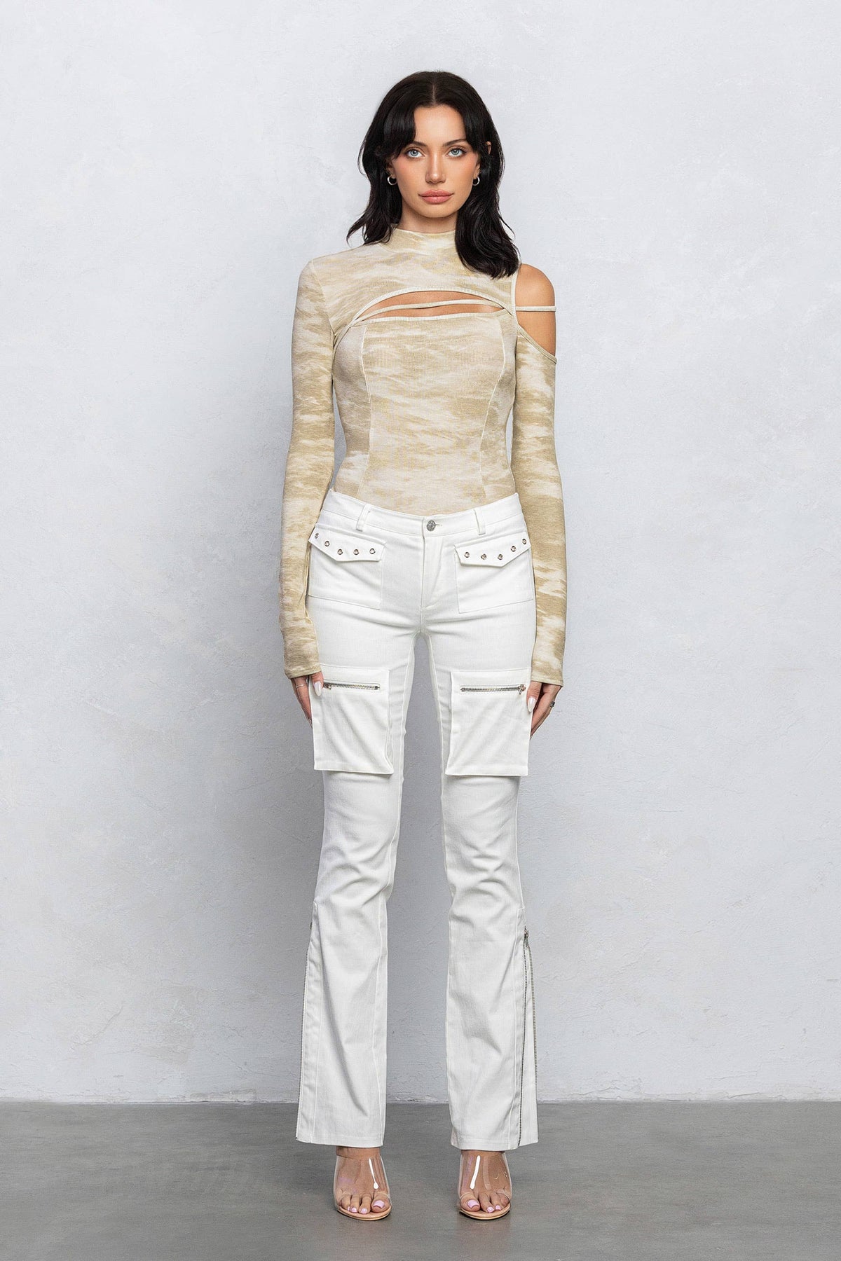 Marble printed ribbed mock-neck bodysuit
