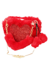Heart Glitter Faux Fur Crossbody Shoulder Bag