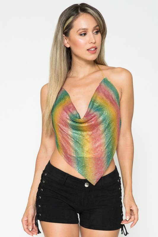 Sexy Rainbow Rhinestone Halter Top