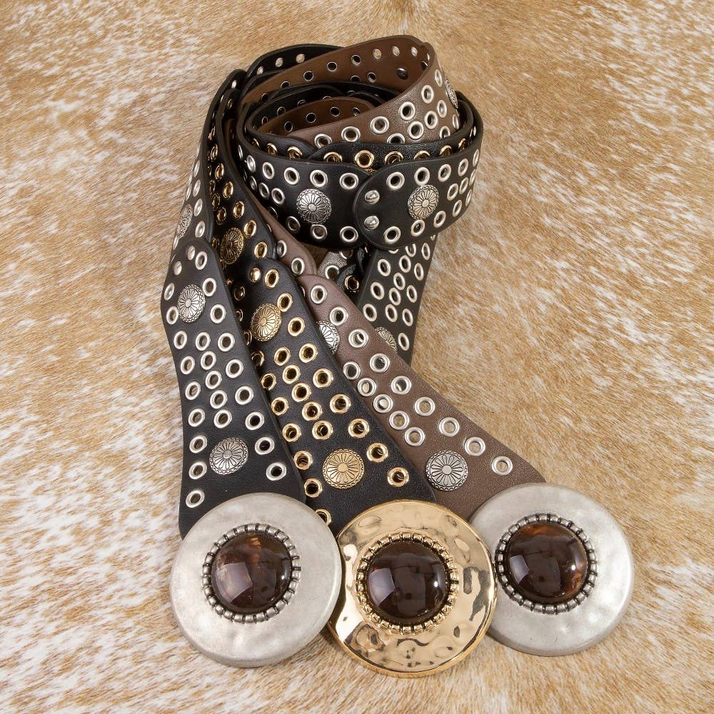 Hammered Circle Buckle Studded Vegan Leather Belt