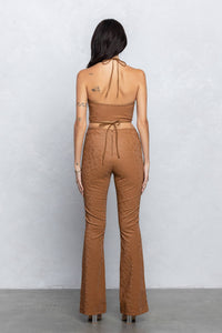 Faux leather square buckle top & flare pants