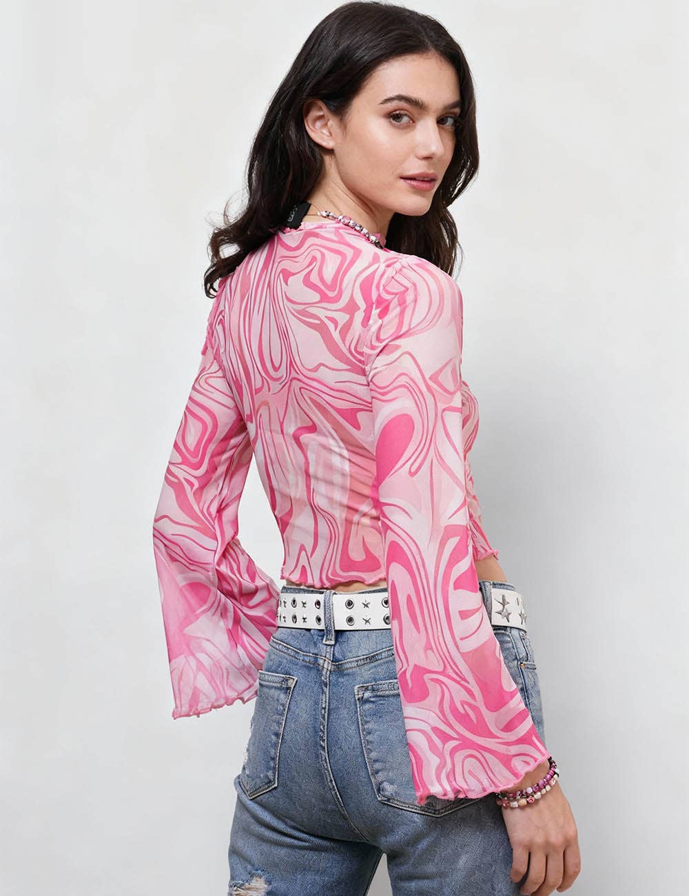 Ladies Print Flare Sleeves Mesh Top